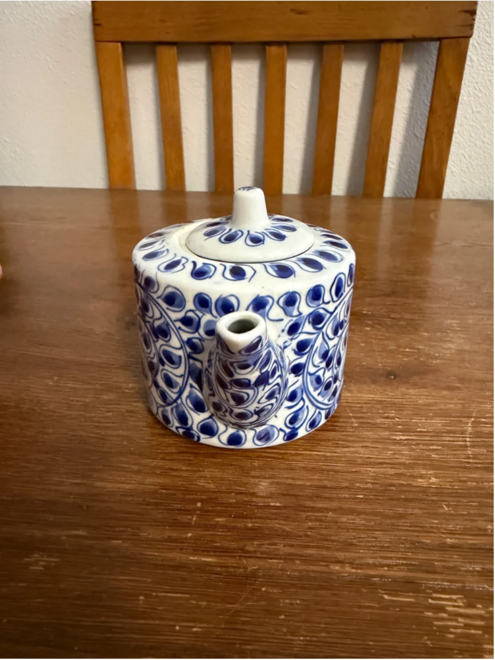 Vintage Hand Painted Blue White Floral Ceramic Teapot with Lid Folk Art Pottery